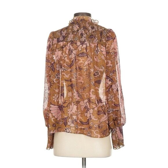 Anthropologie OPT Metallic Boho Peasant Top Small Olive Green Pink Floral - Picture 2 of 7